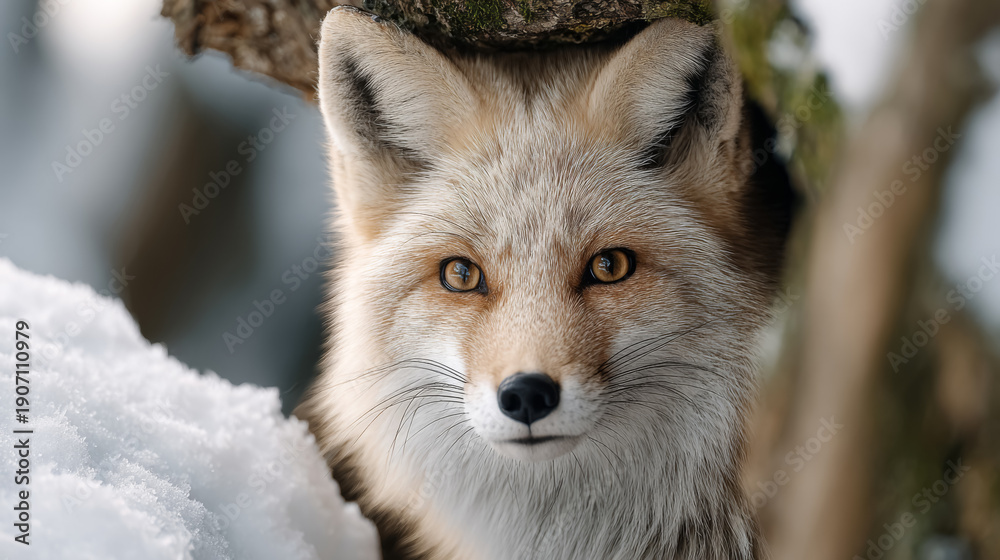 Obraz premium Serene fox at hidden den entrance in snowy forest