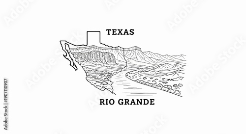 Texas outline embraces Rio Grande river canyon, mountains, and vegetation