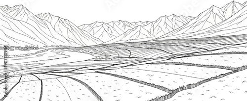 Textured fields lead to a village by a winding river under mountains