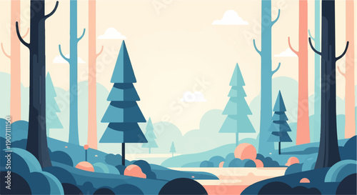 Stylized woodland scene with geometric trees and muted colors