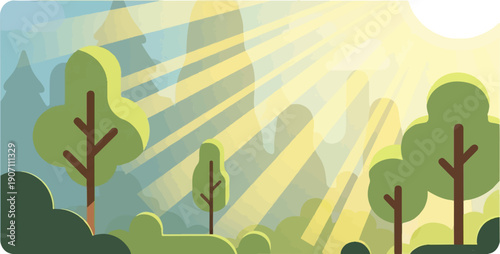 Sunny rays stream through a simplified forest landscape with stylized trees