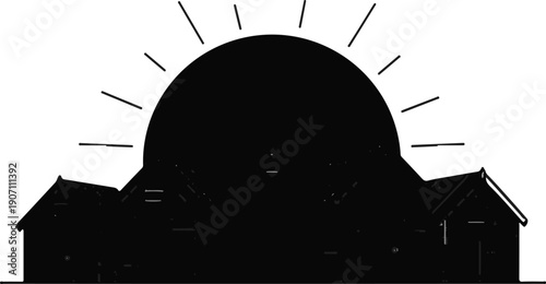 Sunrise over a row of silhouette houses with visible roof lines