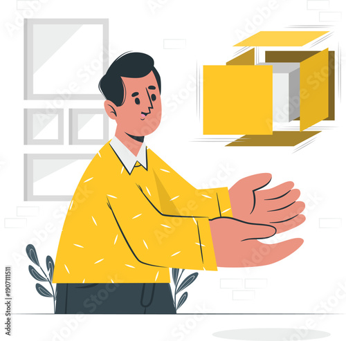 Man receiving a package in a modern office environment from an open cardboard box viewed from the side