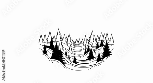 Stylized monochrome forest with flowing lines and dense trees