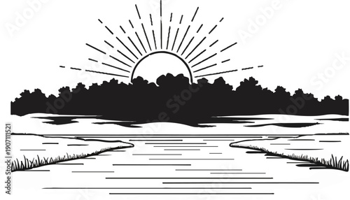 Stylized sunrise over water, behind a forest line