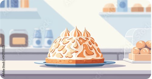 Sweet meringue-topped pastry sits on a blue plate in a bright bakery