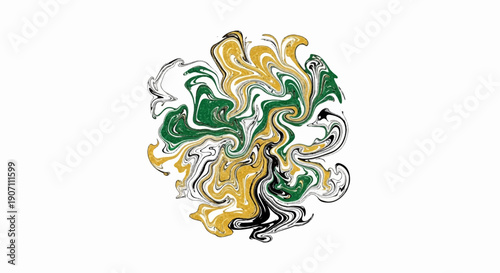 Swirling green, gold, and black abstract pattern on white background