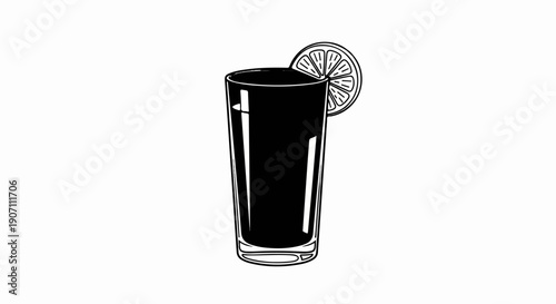 Tall glass of dark juice or soda with a lemon slice garnish