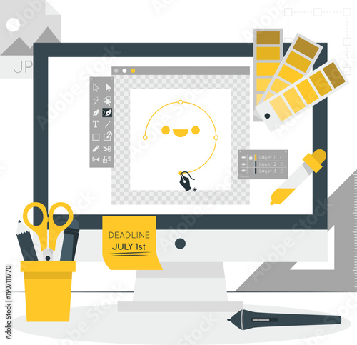 A graphic designer works on a digital illustration of a smiling face on a computer screen surrounded by design tools