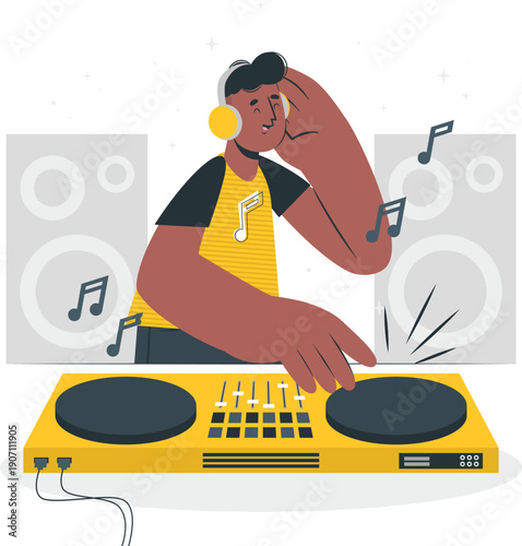 DJ spinning tracks on a vibrant yellow controller amidst swirling music notes in a lively setting