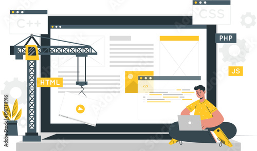 A developer working on a large computer screen displaying HTML, CSS, and JS code with a crane lifting a block near the screen