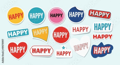 Flat lay of various colorful happy stickers on a light blue background with a joyful theme.