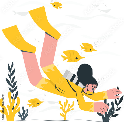 A woman in a yellow wetsuit is snorkeling amidst coral and fish in the ocean, viewed from above the water surface.