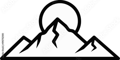 Stylized mountain range with a prominent sun partially visible behind the peaks