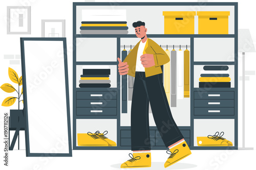 Man standing in front of a modern wardrobe with clothes and shoes, choosing outfit in a stylish dressing room