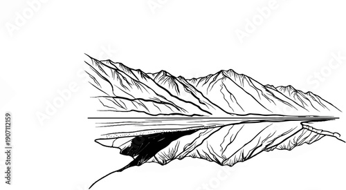 Stylized mountain range with reflective water in foreground, ink sketch