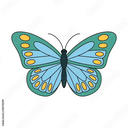Cute cartoon butterfly with green and blue wings, simple drawing of an insect for kids