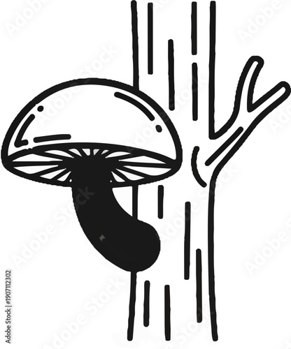 Stylized mushroom growing on a tree trunk, black and white illustration