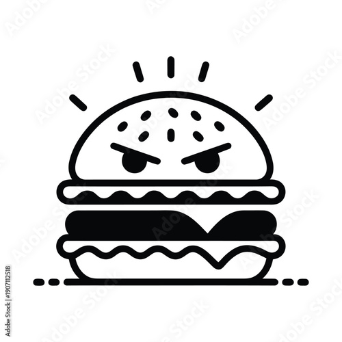 Angry hamburger icon, fast food character with mad face, black and white line art illustration