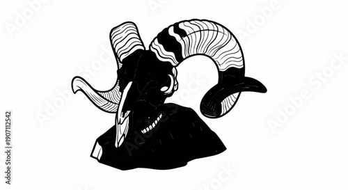 Stylized ram skull with curled horns on a dark, textured base
