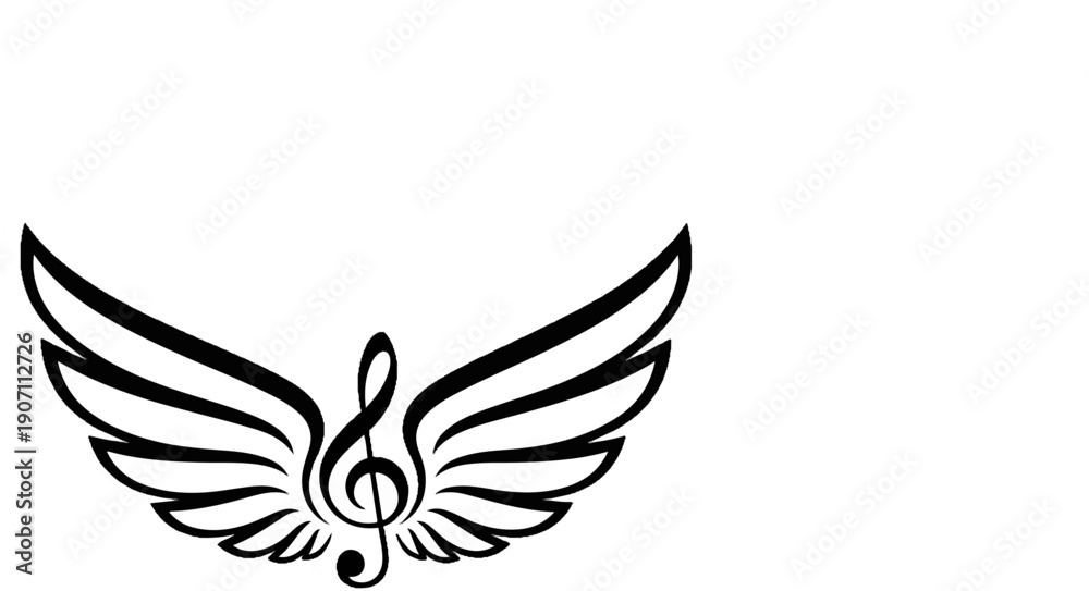 Obraz premium Stylized treble clef with symmetrical stylized wings in black on white background