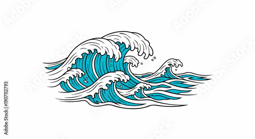 Stylized turquoise and white crashing ocean waves against a white background