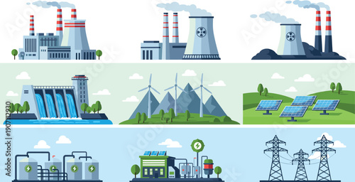 Large vector illustration set of diverse energy power plants including nuclear solar wind hydro and gas factory infrastructure