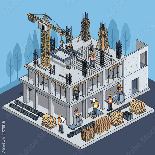 Isometric Building Under Construction with Crane.