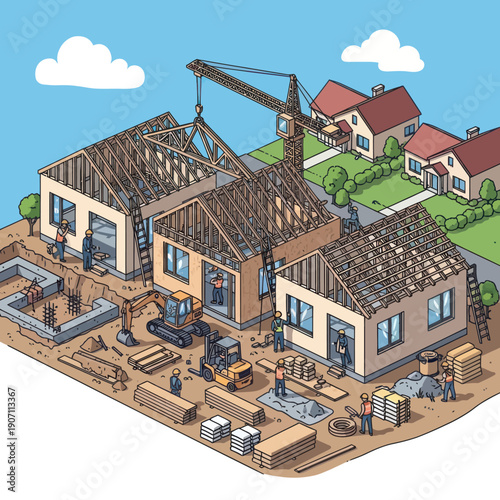 House Under Construction with Crane and Workers.