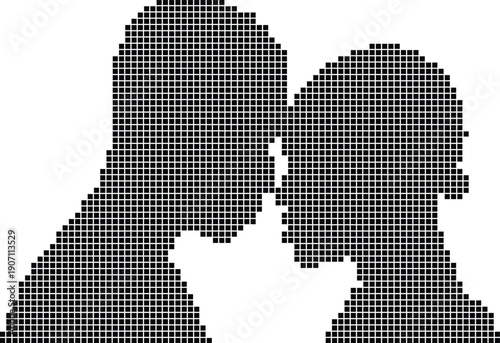Pixelated silhouette of two people kissing digital art