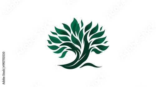 A stylized tree illustration featuring a dark green trunk and vibrant, emerald-green leaves