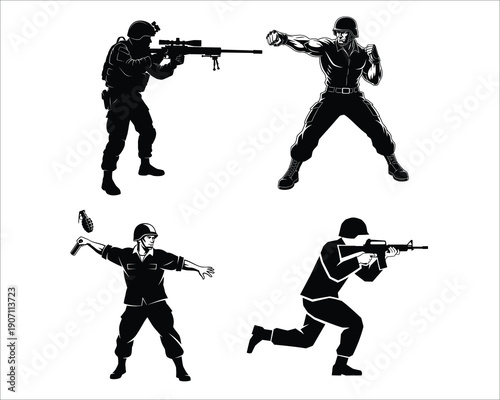 Silhouette of four men in various combat and sports poses