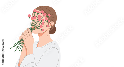 A young woman with a side bun gently holds a small bouquet of pink flowers in front of her face, partially obscuring it on a white background.