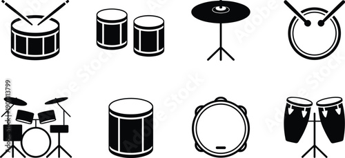 Black and white percussion instrument icon set featuring snare drum, toms, cymbal, bass drum, tambourine, conga drums, and full drum kit for music and education graphics