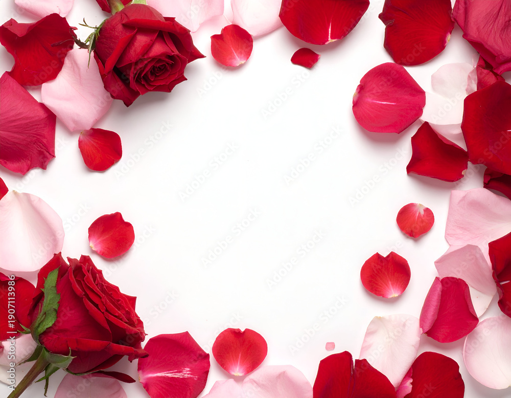 custom made wallpaper toronto digitalBeautiful frame made of red and pink rose petals and fresh roses on white background with copy space, top view. Generative AI.
