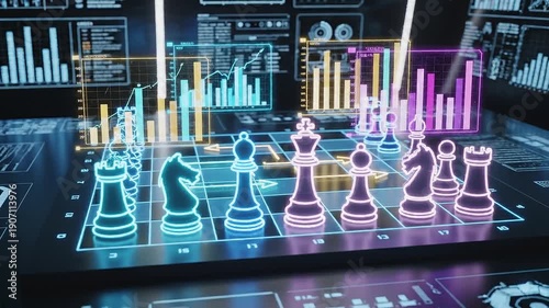 Chess pieces on digital board with data visualizations technology concept