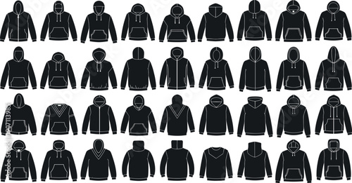 Hoodie silhouette illustration set, thirty-five black sweatshirts with varied hood shapes pockets zippers drawstrings sleeve details, vector artwork, fashion and apparel theme, isolated background