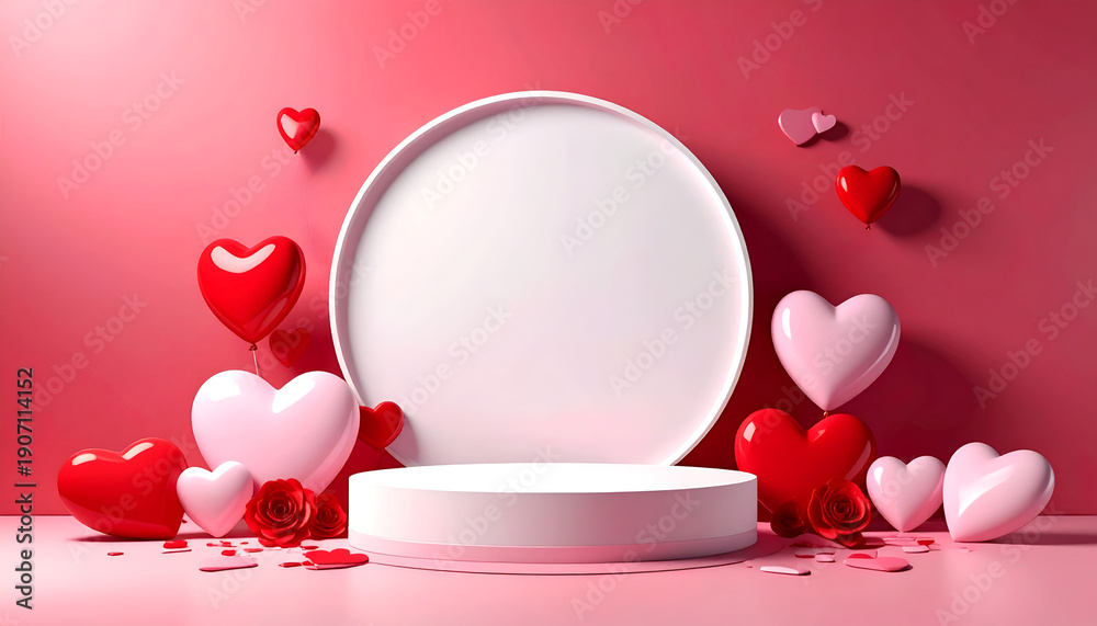 custom made wallpaper toronto digitalWhite round podium with red and pink hearts on romantic pink background.
