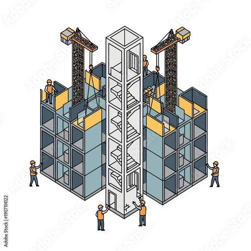 Industrial Warehouse with Crane and Workers.