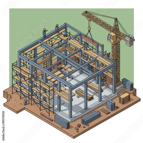 Building Under Construction with Crane.