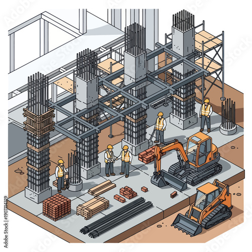 Construction Site with Workers and Machinery.