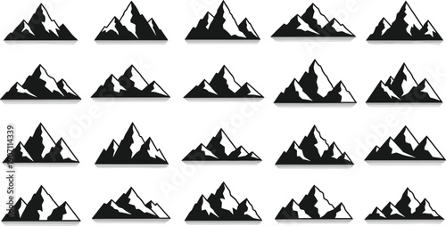 Mountain silhouette illustration set, twenty black icons with varied shapes shadow highlights distinct peaks arranged grid, vector artwork, nature and landscape theme, isolated background