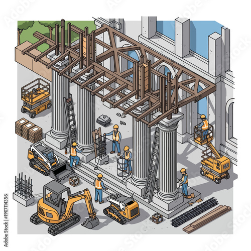 Construction Site with Heavy Machinery and Workers.
