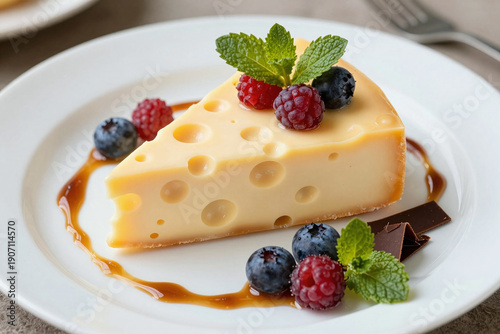 A cheesecake shaped like a Swiss cheese, with pockets of air bubbles and holes, elegantly decorated on white plate with fresh berries, mint leaves, a drizzle of caramel sauce, and chocolate shavings.