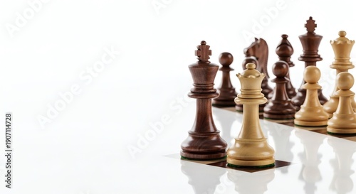 Strategic chess pieces poised for battle, with the king and queen in the forefront, set against a background.