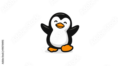 A happy penguin cartoon with black and white plumage, orange beak and feet, and smiling