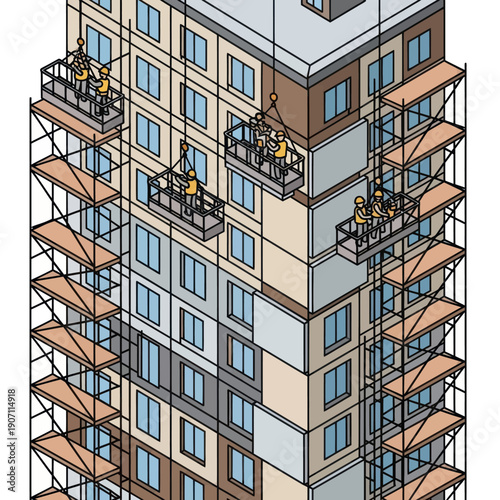 Construction Workers on Scaffolding Exterior Building.