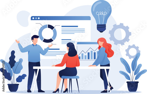 Business team analyzing data and presenting analytics dashboard in modern flat illustration