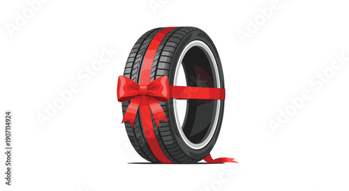 A black car tire, standing upright, is elegantly wrapped with a vibrant red ribbon and a decorative bow, isolated on white.