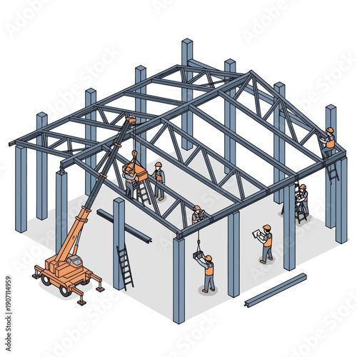 Construction Site with Workers and Steel Frame.